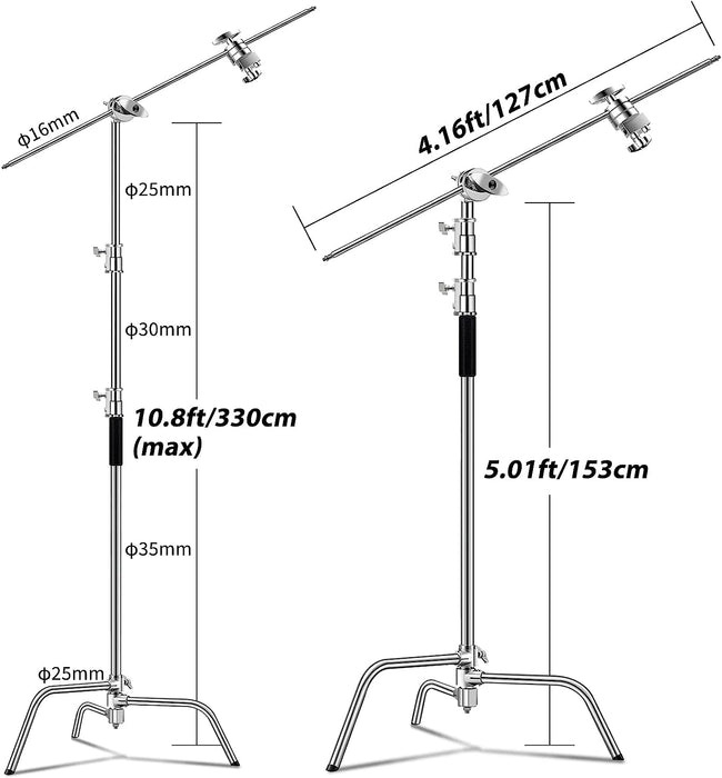 C Stand with Boom Arm-Photography Light Stand - Max Height 10.5ft/320cm, with 4.2ft/128cm Holding Arm , Stainless Steel Heavy Duty Stand Silver (CXJH01) - NJ Accessory/Buy Direct & Save