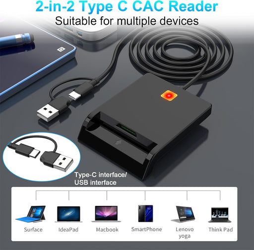 CAC Card Reader Military, USB SIM Card Reader 2 in 2 Smart Card Reader DOD Military USB Common Access CAC, ID/Debit/Credit Card Reader has USB & USB C Port for Windows,Mac OS,Linux,Android - NJ Accessory/Buy Direct & Save