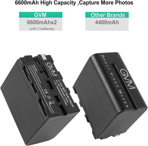 GVM NP-F970 6600mAh Batteries with Dual USB Charger and V-Mount Adapter, LCD Screen Display charge status of each battery, 2 Packs Portable Power for Camera Camcorder Broadcast Video Light - NJ Accessory/Buy Direct & Save