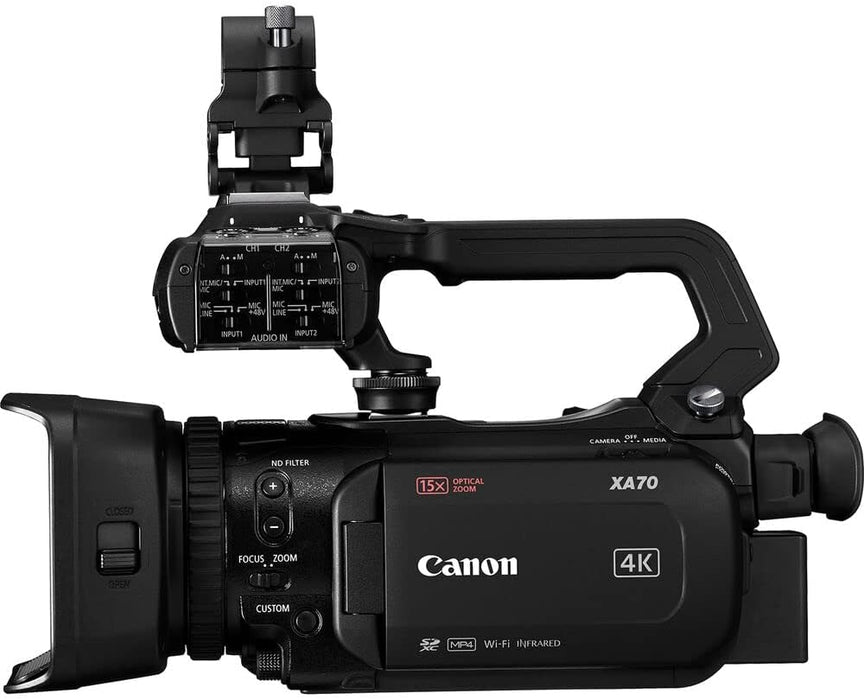 Canon XA70 UHD 4K30 Camcorder with Dual-Pixel Autofocus (5736C002) + 64GB Card, Extra Battery, Extra Charger, Large Case, Cleaning kit, & More (Renewed)