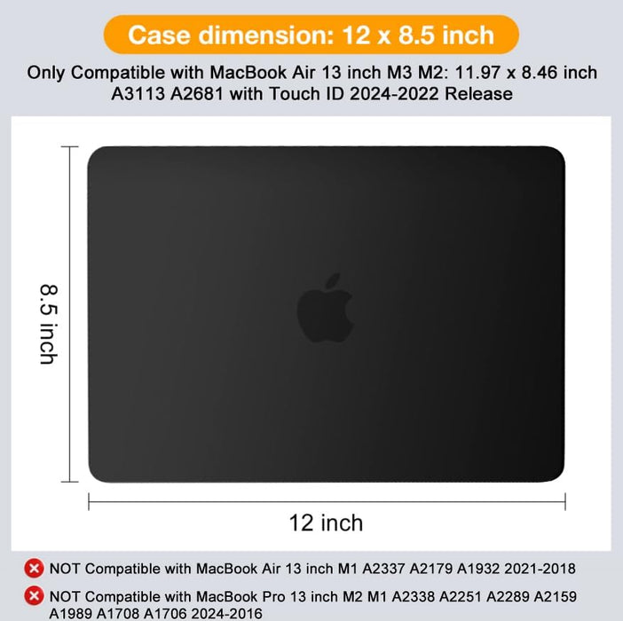 NJA MOSISO Compatible with MacBook Air 13 inch Case 2024 2023 2022 Release M3 A3113 M2 A2681 with Touch ID, Protective Plastic Hard Shell Cover Compatible with MacBook Air 13.6 inch Case, Black - NJ Accessory/Buy Direct & Save