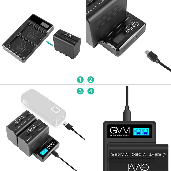 GVM NP-F970 6600mAh Batteries with Dual USB Charger and V-Mount Adapter, LCD Screen Display charge status of each battery, 2 Packs Portable Power for Camera Camcorder Broadcast Video Light - NJ Accessory/Buy Direct & Save