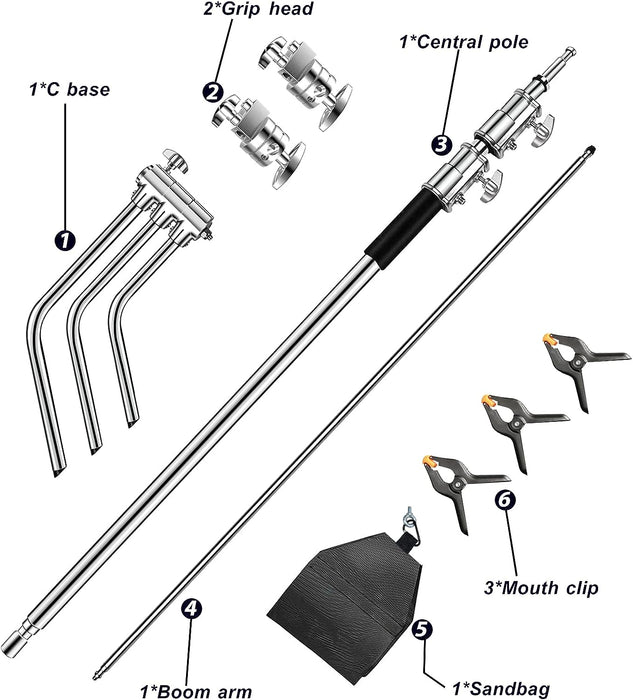 C Stand with Boom Arm-Photography Light Stand - Max Height 10.5ft/320cm, with 4.2ft/128cm Holding Arm , Stainless Steel Heavy Duty Stand Silver (CXJH01) - NJ Accessory/Buy Direct & Save