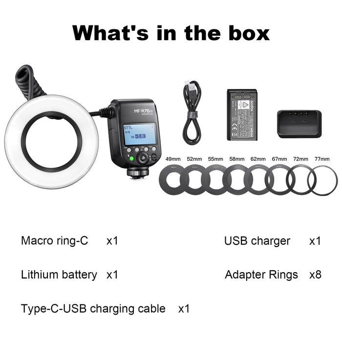 NJA TTL  MF-R76N Macro Ring Flash for Nikon TTL/M Mode 5900K 76Ws 2.4G Wireless Control 550 Full-Power Flashes 0.1-1s Recycle Time Dual-Flash Tubes with LCD Screen for Inscet Plant Jewelry Shooting