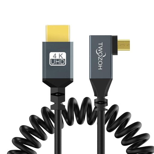 NJA USA Left Angled Coiled Micro HDMI to HDMI Cable, Micro HDMI to HDMI Coiled Cable 90°Degree Stretched Length 30cm to 150cm - Supports 3D/4K 1080p(5FT) - NJ Accessory/Buy Direct & Save