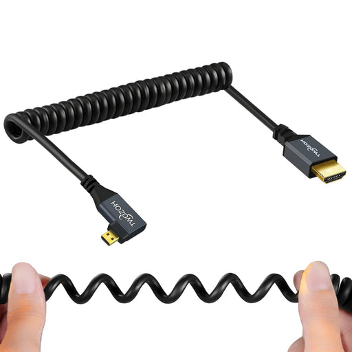 NJA USA Right Angled Coiled Micro HDMI to HDMI Cable, Micro HDMI to HDMI Coiled Cable 90°Degree Stretched Length 30cm to 150cm - Supports 3D/4K 1080p(5FT) - NJ Accessory/Buy Direct & Save