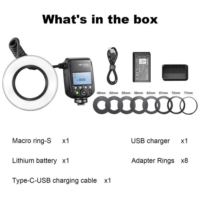 NJA TTL  MF-R76N Macro Ring Flash for Nikon TTL/M Mode 5900K 76Ws 2.4G Wireless Control 550 Full-Power Flashes 0.1-1s Recycle Time Dual-Flash Tubes with LCD Screen for Inscet Plant Jewelry Shooting