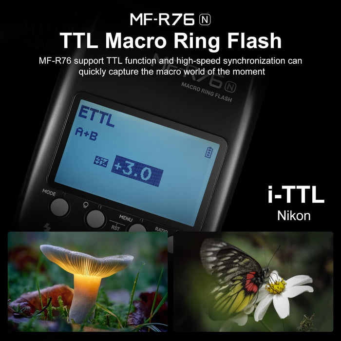 NJA TTL  MF-R76N Macro Ring Flash for Nikon TTL/M Mode 5900K 76Ws 2.4G Wireless Control 550 Full-Power Flashes 0.1-1s Recycle Time Dual-Flash Tubes with LCD Screen for Inscet Plant Jewelry Shooting