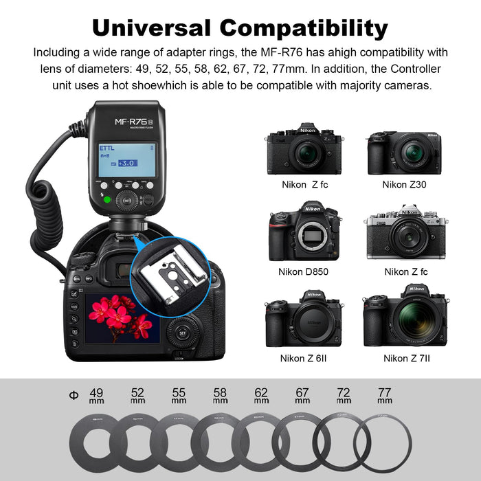 NJA TTL  MF-R76N Macro Ring Flash for Nikon TTL/M Mode 5900K 76Ws 2.4G Wireless Control 550 Full-Power Flashes 0.1-1s Recycle Time Dual-Flash Tubes with LCD Screen for Inscet Plant Jewelry Shooting