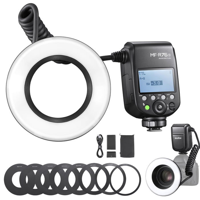 NJA TTL  MF-R76N Macro Ring Flash for Nikon TTL/M Mode 5900K 76Ws 2.4G Wireless Control 550 Full-Power Flashes 0.1-1s Recycle Time Dual-Flash Tubes with LCD Screen for Inscet Plant Jewelry Shooting