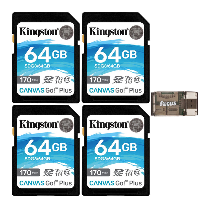 Kingston 64GB SDXC Canvas Go Plus 170MB/s Read Memory Card (SDG3/64GB, 4-Pack) Bundle with High Speed USB Card Reader (5 Items)