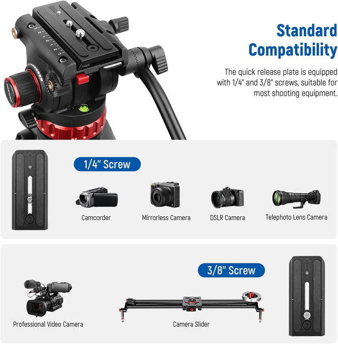 NJA 74" Pro Video Tripod with Fluid Head, All Metal Heavy Duty QR Plate Compatible with DJI RS Gimbals Manfrotto, Flexible 360° Pan&+90°/-75° Tilt with Adjustable Damping Max Load 18lb/8kg, TP75 - NJ Accessory/Buy Direct & Save