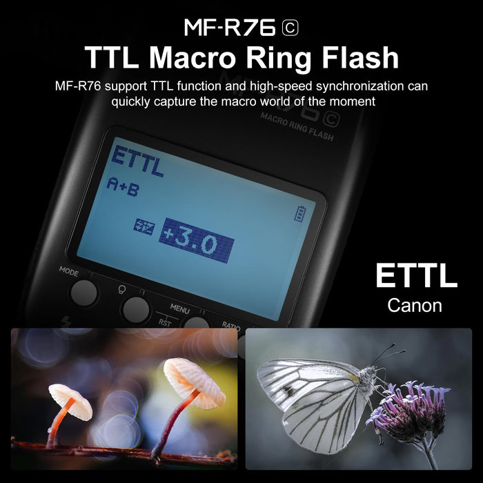 NJA TTL  MF-R76N Macro Ring Flash for Nikon TTL/M Mode 5900K 76Ws 2.4G Wireless Control 550 Full-Power Flashes 0.1-1s Recycle Time Dual-Flash Tubes with LCD Screen for Inscet Plant Jewelry Shooting