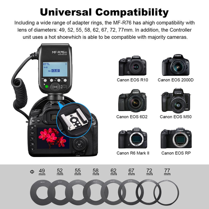 NJA TTL  MF-R76N Macro Ring Flash for Nikon TTL/M Mode 5900K 76Ws 2.4G Wireless Control 550 Full-Power Flashes 0.1-1s Recycle Time Dual-Flash Tubes with LCD Screen for Inscet Plant Jewelry Shooting