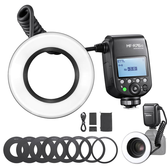 NJA TTL  MF-R76N Macro Ring Flash for Nikon TTL/M Mode 5900K 76Ws 2.4G Wireless Control 550 Full-Power Flashes 0.1-1s Recycle Time Dual-Flash Tubes with LCD Screen for Inscet Plant Jewelry Shooting