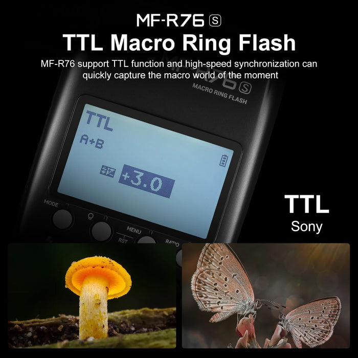 NJA TTL  MF-R76N Macro Ring Flash for Nikon TTL/M Mode 5900K 76Ws 2.4G Wireless Control 550 Full-Power Flashes 0.1-1s Recycle Time Dual-Flash Tubes with LCD Screen for Inscet Plant Jewelry Shooting