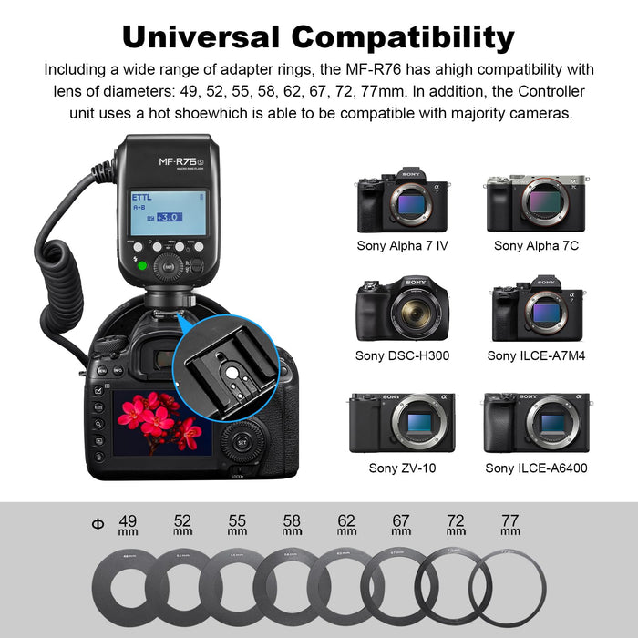 NJA TTL  MF-R76N Macro Ring Flash for Nikon TTL/M Mode 5900K 76Ws 2.4G Wireless Control 550 Full-Power Flashes 0.1-1s Recycle Time Dual-Flash Tubes with LCD Screen for Inscet Plant Jewelry Shooting