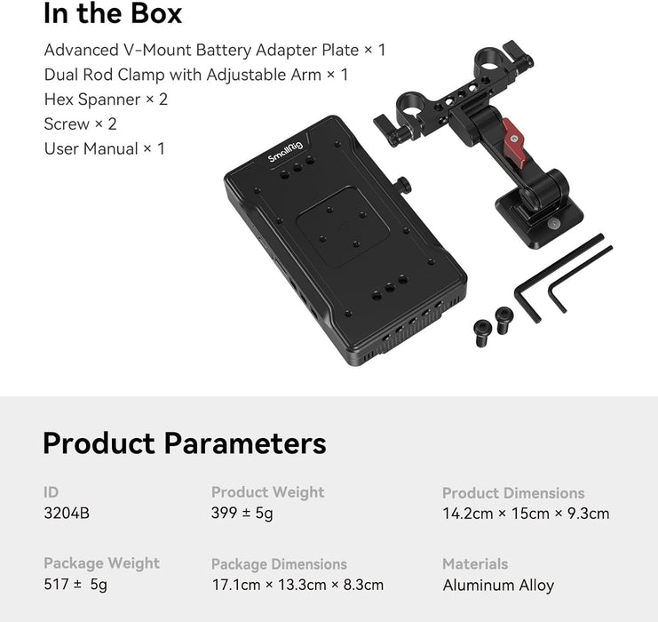 SMALLRIG V Mount Battery Adapter Plate with PD 65W USB-C Quick Charger, QC Protocol USB-A, D-TAP, 8V & 12V DC Port, 15 mm Rod Clamp and Adjustable Arm, for Sony for Canon Cameras & Camcorders - 3204B - NJ Accessory/Buy Direct & Save