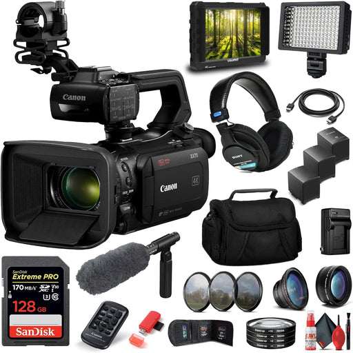 Canon XA70 UHD 4K30 Camcorder with Dual-Pixel Autofocus (5736C002) + ECM-VG1 Microphone, MDR-7506 Headphones, HD Video Monitor, 128GB Card, 2 Extra Batteries, Extra Charger, Filters, & More (Renewed)