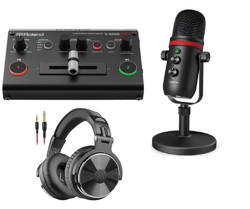 Roland V-02HD MK II Streaming Video Mixer Bundle with Professional USB Microphone, Computer Condenser Gaming Mic, Professional Wired Over Ear Studio Monitor Headphones - NJ Accessory/Buy Direct & Save