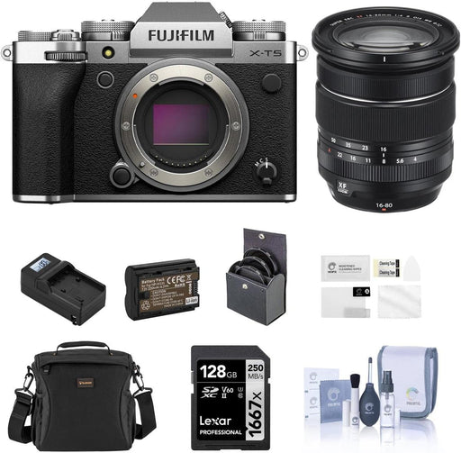 Fujifilm X-T5 Mirrorless Camera, Silver with XF 16-80mm f/4.0 R OIS WR Lens, 128GB SD Card, Shoulder Bag, Extra Battery, Charger, 72mm Filter Kit, Screen Protector, Cleaning Kit - NJ Accessory/Buy Direct & Save