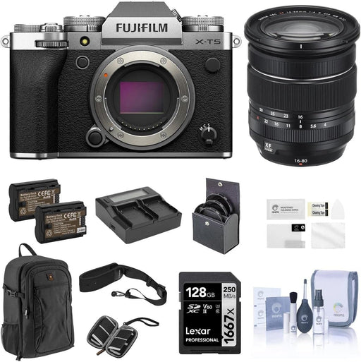 Fujifilm X-T5 Mirrorless Camera, Silver BUwith XF 16-80mm f/4.0 R OIS WR Lens, 128GB SD Card, Backpack, 2X Battery, Dual Charger, 72mm Filter Kit, Screen Protector, and Accessories - NJ Accessory/Buy Direct & Save