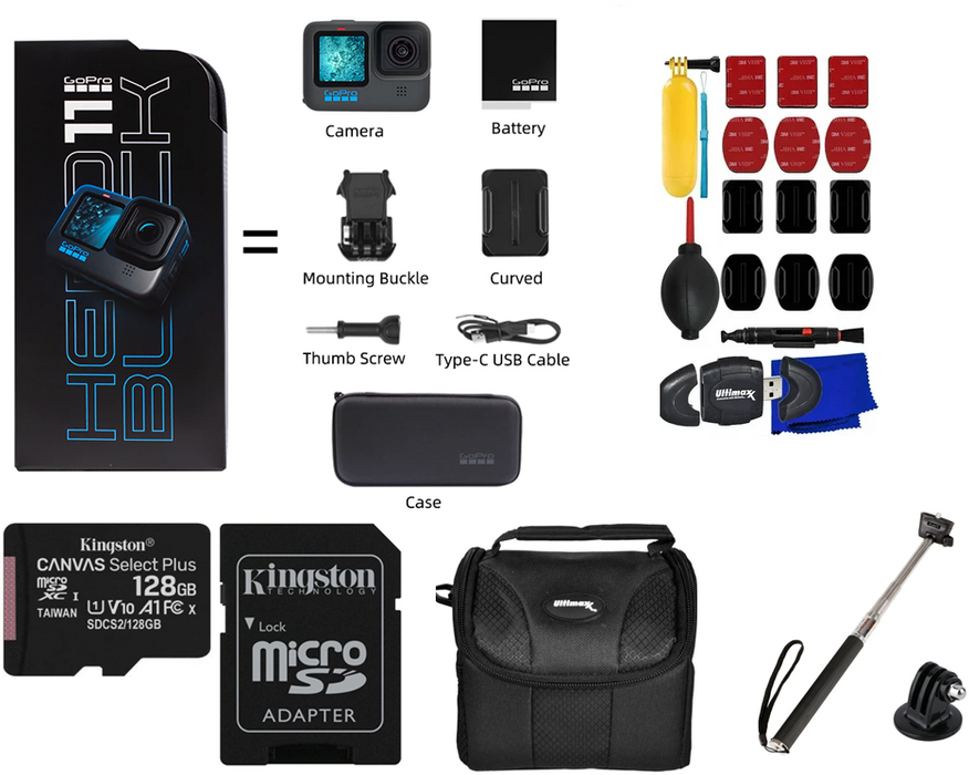 GoPro HERO11 Black Mini Hero 11 Mega Accessory Kit Includes: 1x128GB w Monopod Tripod Bundle - NJ Accessory/Buy Direct & Save