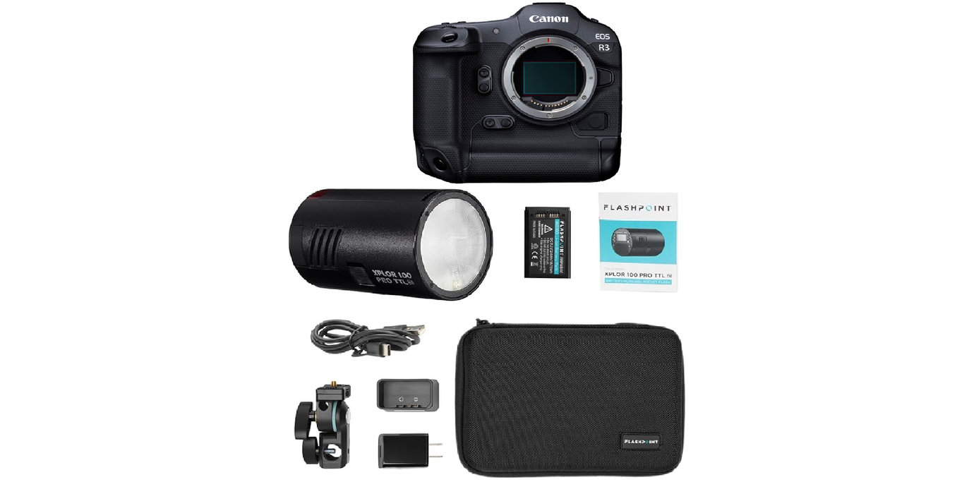 Canon EOS R3 Mirrorless Camera & Flashpoint XPLOR 100 Pro, Mono light- Portable Light Bundle - NJ Accessory/Buy Direct & Save