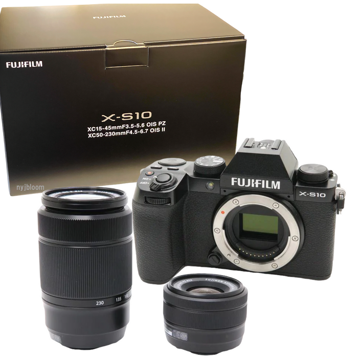 Fujifilm X-S10 Mirrorless Camera (Black) with XC 15-45mm OIS PZ & XC 50-230mm OIS II Lenses + SanDisk 128GB Extreme SDXC + Starter 7PC Maintenance Kit - NJ Accessory/Buy Direct & Save