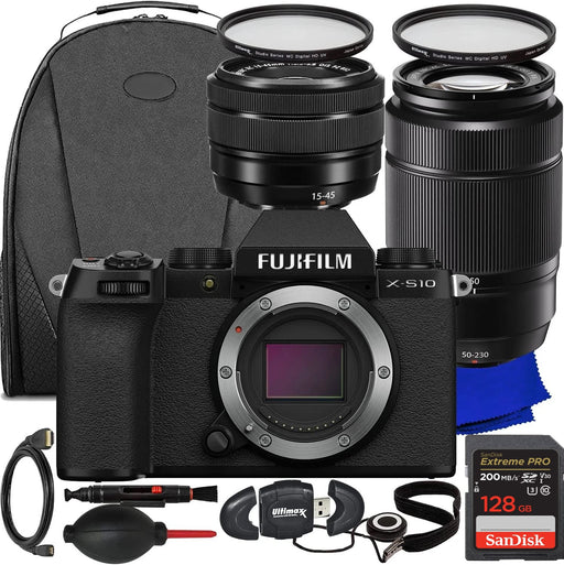 Fujifilm X-S10 Mirrorless Camera Essential Bundle + (Black) with XC 15-45mm OIS PZ & XC 50-230mm OIS II Lenses + SanDisk 128GB Extreme SDXC - NJ Accessory/Buy Direct & Save