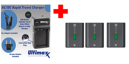 3 X Sony NP-FZ100 Rechargeable Lithium-Ion Battery + 1 Ultimaxx AC/DC Rapid Charger 2280mAh for Alpha A7 III, A7R III, A9 Digital Cameras - NJ Accessory/Buy Direct & Save