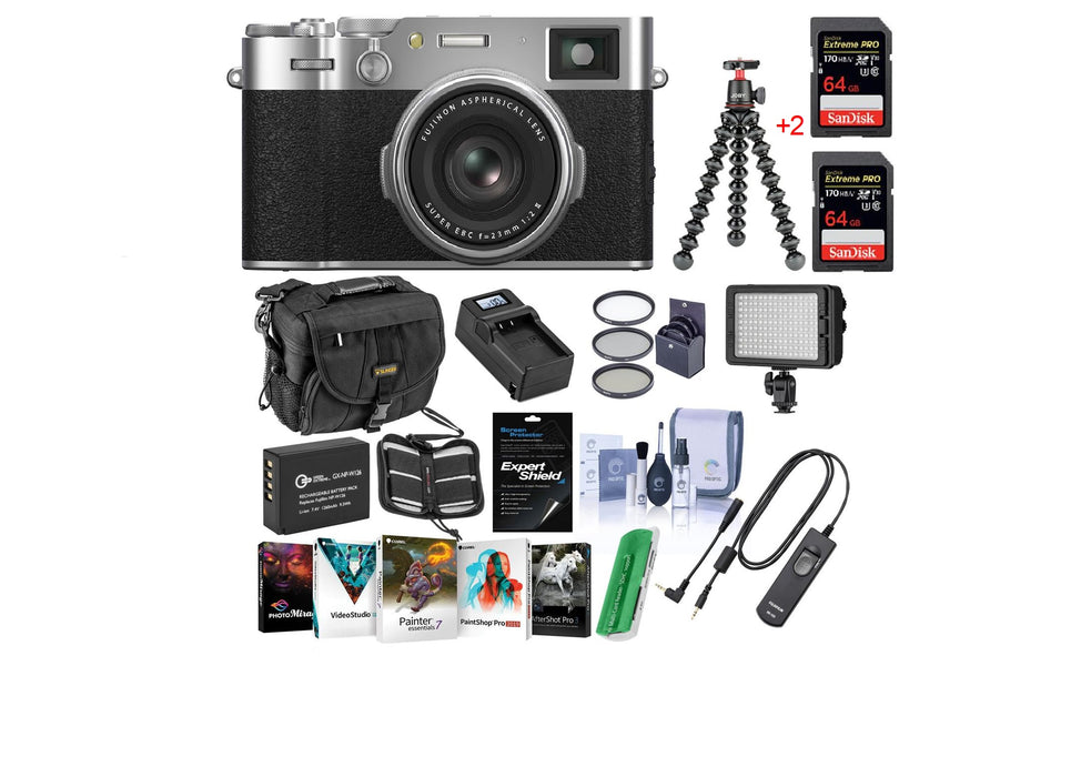 Fujifilm X100VI Digital Camera, Silver/Black - Bundle Includes Camera Case + 2X 64GB SDXC Card, Fujifilm RR-100 Remote Release, Joby GorillaPod 3K Kit Black, Spare Battery, Charger, Bi-Color LED Light,Software - NJ Accessory/Buy Direct & Save