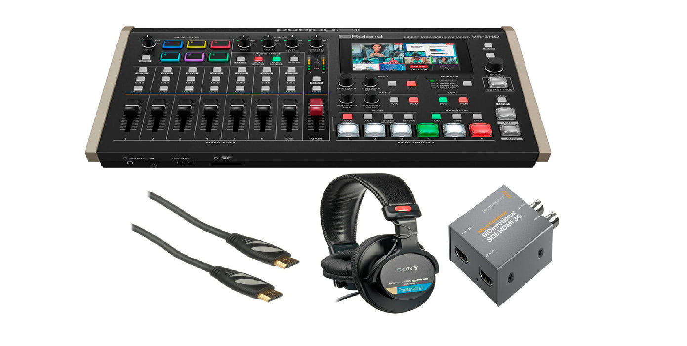 Roland VR-6HD Direct Streaming AV Mixer Bundle with Sony Headphones + Micro Converter & Cable KIT - NJ Accessory/Buy Direct & Save