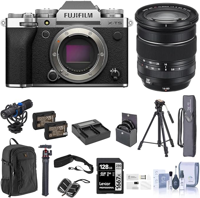 Fujifilm X-T5 Mirrorless Camera, Silver with XF 16-80mm f/4.0 R OIS WR Lens, 128GB SD Card, Backpack, 2X Battery, Dual Charger, Camera Strap, Aluminum Tripod, Mic, and Accessories - NJ Accessory/Buy Direct & Save