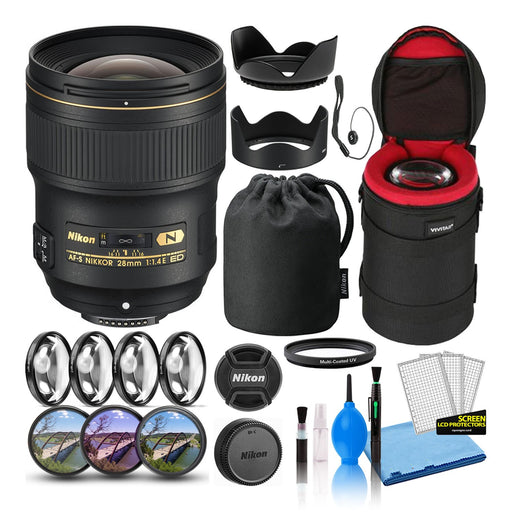 Nikon AF-S NIKKOR 28mm f/1.4E ED Prime Lens (20069) Intl with Padded Lens Case + Macro Filter Kit + UV, CPL, FL Lens Filters + Tulip Hood + Lens Cap Keeper + Cleaning Kit - NJ Accessory/Buy Direct & Save