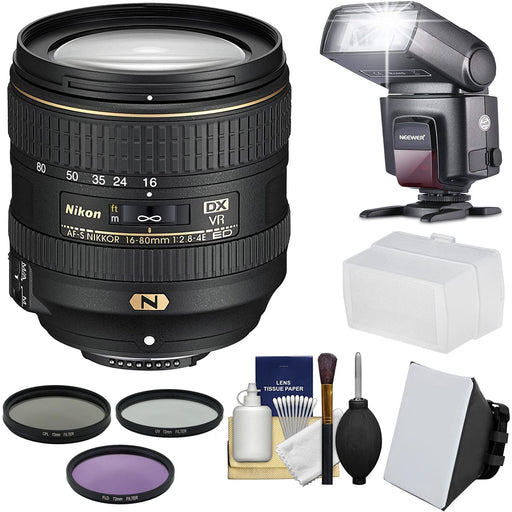 Nikon AF-S DX NIKKOR 16-80mm f/2.8-4E ED VR Lens with 3 Filters | Flash | Diffuser | Softbox Bundle