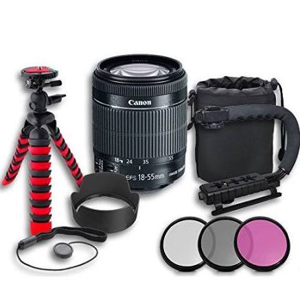 Canon EF-S 18-55mm f/3.5-5.6 Is II Lens + Tulip Lens Hood + Lens Bag + 3 PC Filter Kit + Tripod + Scorpion Grip + Cap Keeper