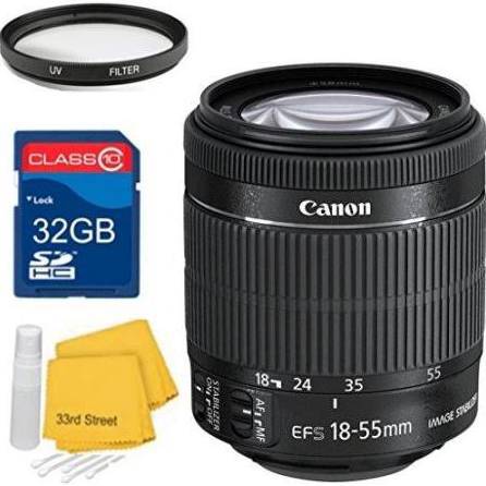 Canon EF-S 18-55mm f/3.5-5.6 IS STM Standard Zoom Lens Bundle+ 32GB SD Card + UV Filter + Cleaning Kit- For Canon T2 DSLR