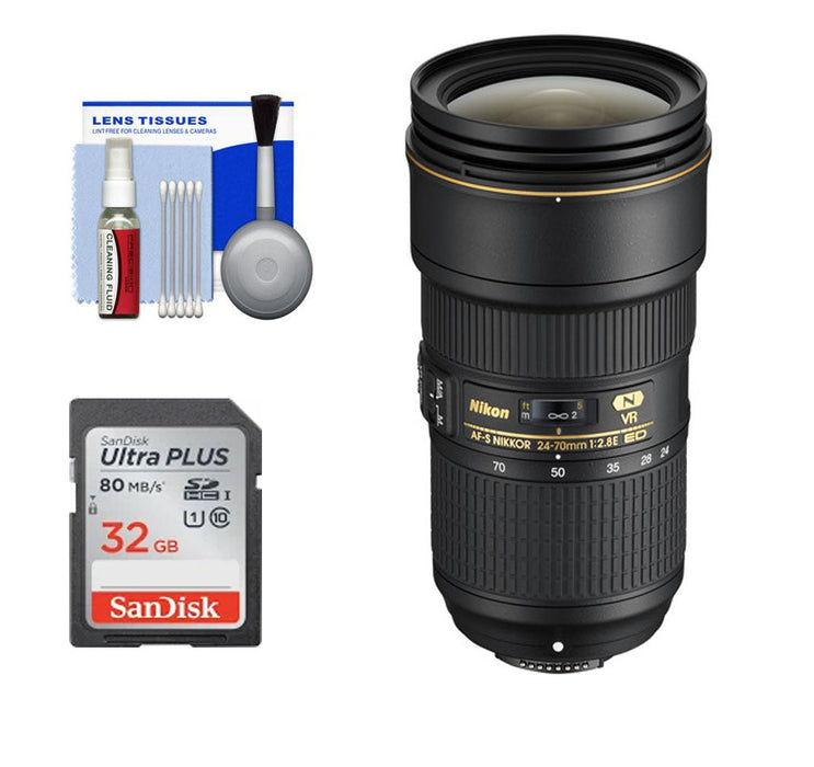 Nikon AF-S NIKKOR 24-70mm f/2.8E ED VR Lens with 32GB Memory Card &amp; Cleaning Kit