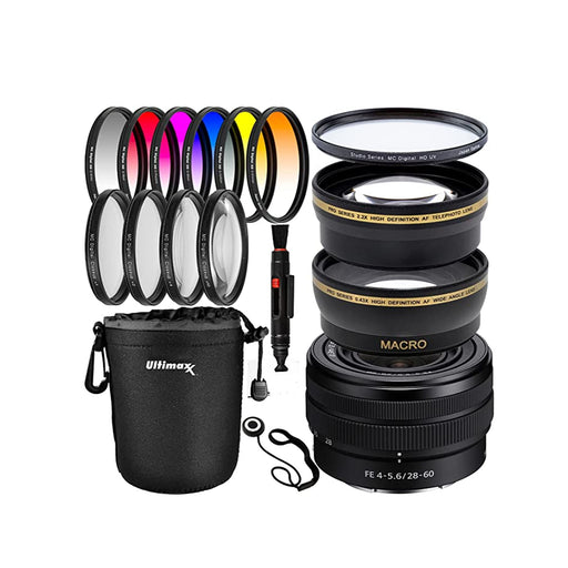 Sony FE 28-60mm f/4-5.6 Lens with Deluxe Filter Accessory Bundle: Water Resistant Lens Pouch, 6PC Gradual Color Filter Kit, 4PC Macro Close-Up Filter Kit &amp; Much More