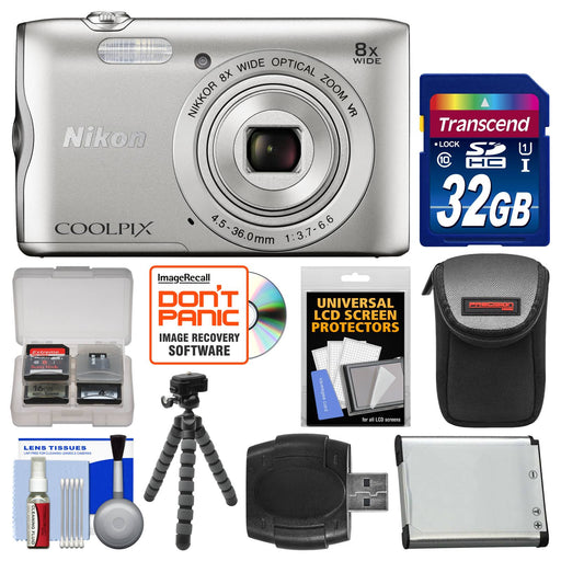 Nikon Coolpix A300 Wi-Fi Digital Camera (Silver) with 32GB Card + Case + Battery + Flex Tripod Deluxe Bundle