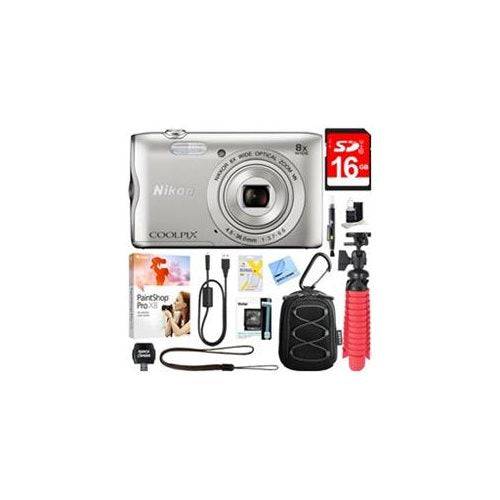 Nikon Coolpix A300 20.1MP 8x Optical Zoom Nikkor WiFi Silver Digital Camera Deluxe Bundle