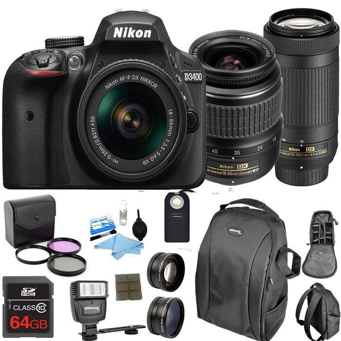 Nikon D3400/D3500 DSLR Camera with 18-55mm Lens &amp; 70-300 Lenses &amp; Nikon Case &amp; 64GB