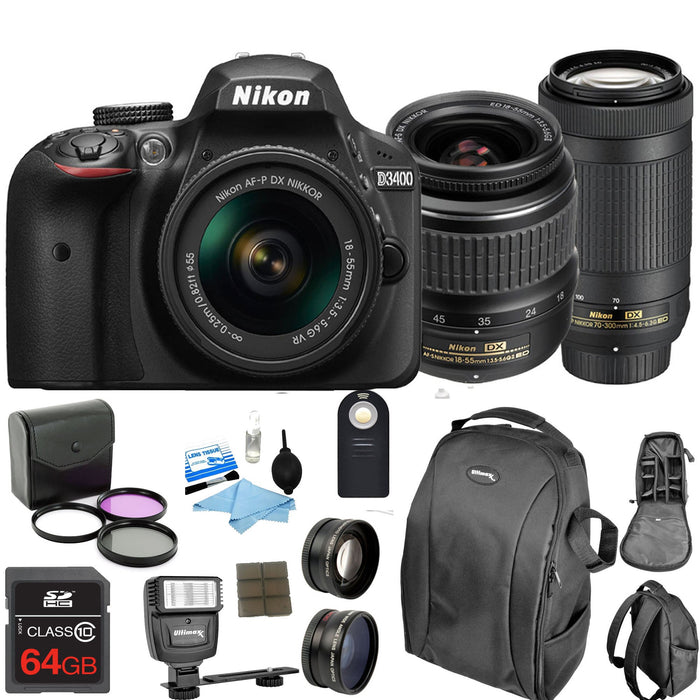 Nikon D3400/D3500 DSLR Camera with 18-55mm and 70-300mm Lenses + Nikon Case + 64GB Card + Kit