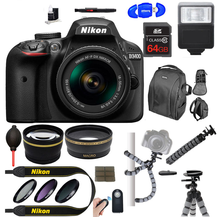 Nikon D3400/D3500 DSLR Camera with 18-55mm Lens (Black) + Sandisk 64GB Memory Bundle