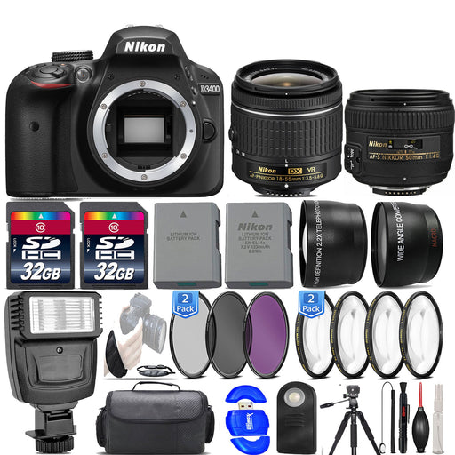 Nikon D3400/D3500 DSLR Camera with 18-55mm Lens & Nikon AF-S NIKKOR 50mm f/1.4G Lens | 2x 32GB Memory Cards | Filters & More Bundle