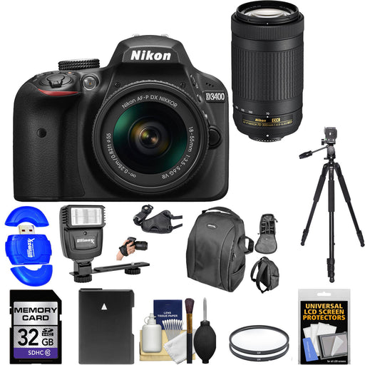 Nikon D3400/D3500 DSLR Camera with 18-55mm and 70-300mm Lenses (Black) |Sandisk 32GB MC| Case| Battery| Filters| Tripod| Flash| Deluxe Bundle