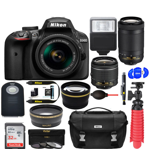 Nikon D3400/D3500 DSLR Camera with 18-55mm &amp; 70-300mm Lenses|32GB MC|Nikon Bag|Wide Angle Lens|2x Telephoto Lens|Flash|Remote|Tripod|Filters