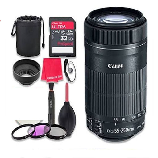 Canon EF-S 55-250mm f/4-5.6 Is STM Lens with 32GB Pro Speed Class 10 Sdhc Memory Card + 3PC Filter Kit (UV-FLD-CPL) + Deluxe Sleeve + Microfi