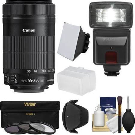 Canon EF-S 55-250mm f/4-5.6 IS STM Lens Zoom Lens with Flash 3 Filters Diffusers Hood Kit